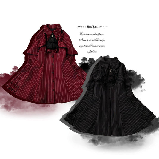 Red and black pinstripe dresses on a white background with text.