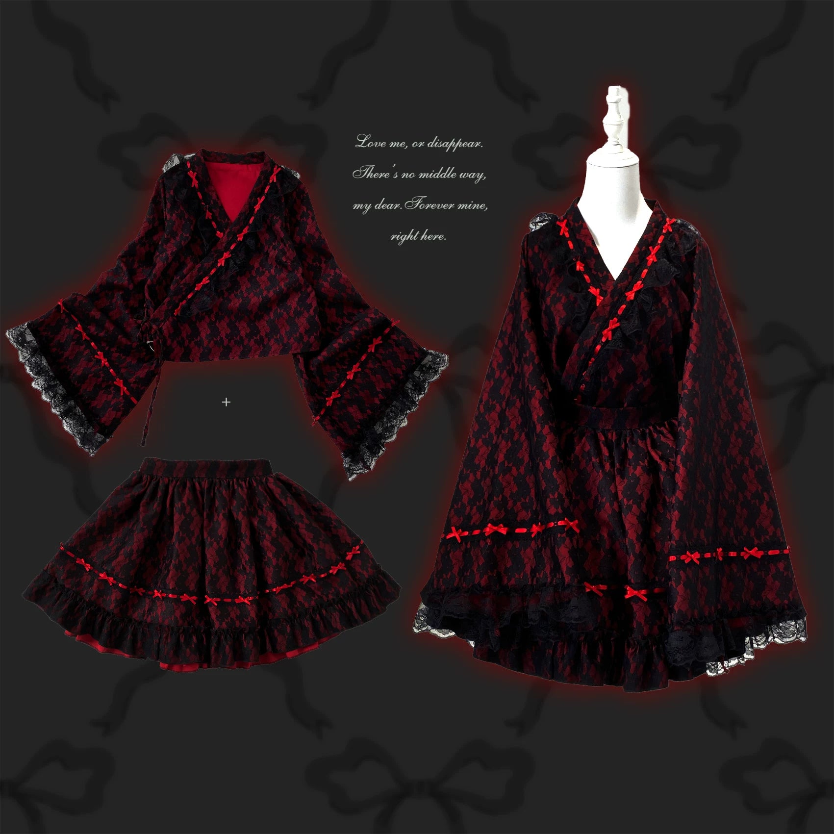 Black and red kimono dress with lace details on a dark background