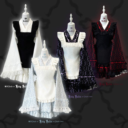 Set of mannequin kimono dresses with lace details on a dark background