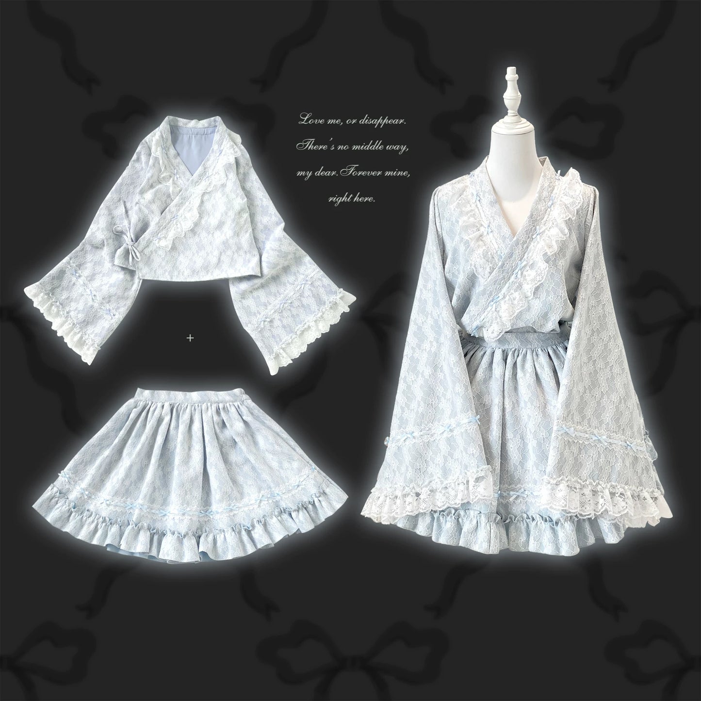 Set of blue kimono lace clothing on a dark background