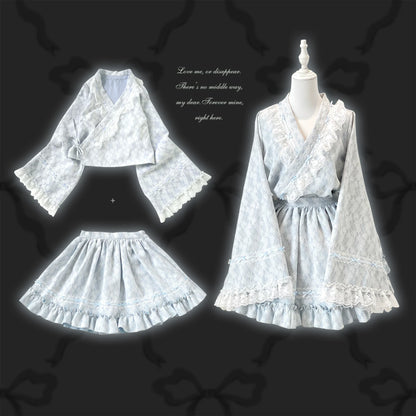 Set of blue kimono lace clothing on a dark background