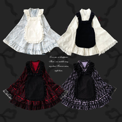 Four different styles of kimono aprons on a dark background with text.
