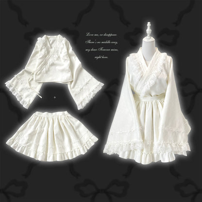 White lace kimono outfit on a mannequin with separate blouse and skirt against a dark background.