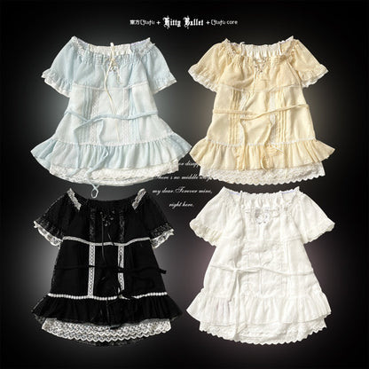 Four different styles of lace tops and skirts on a dark background