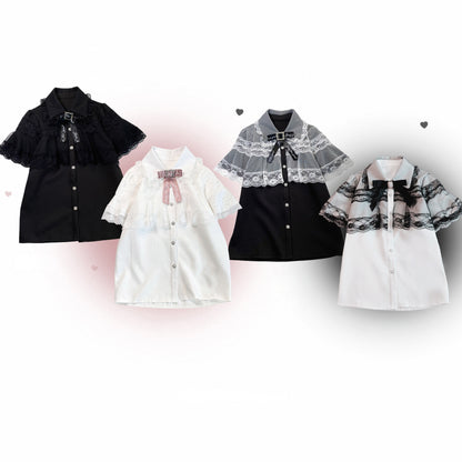 Four short-sleeve button-front dresses or blouse-dress hybrids with lace and ruffle details, shown in black, white, and gray colorways on a white background.