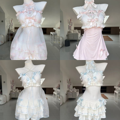 A four-panel collage showing a matching two-piece lingerie or costume set displayed on a mannequin in a bright indoor room. The set includes a halter-style top with layered ruffles and bows, paired with a ruffled skirt.