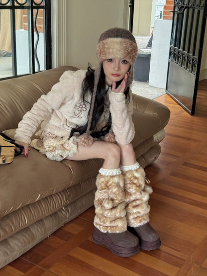 Little Winter Fawn Deer Pink Scarf Gloves Leg Warmers Three Piece Set