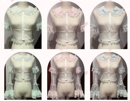 Set of lace-trimmed blouses on mannequins with a dark background