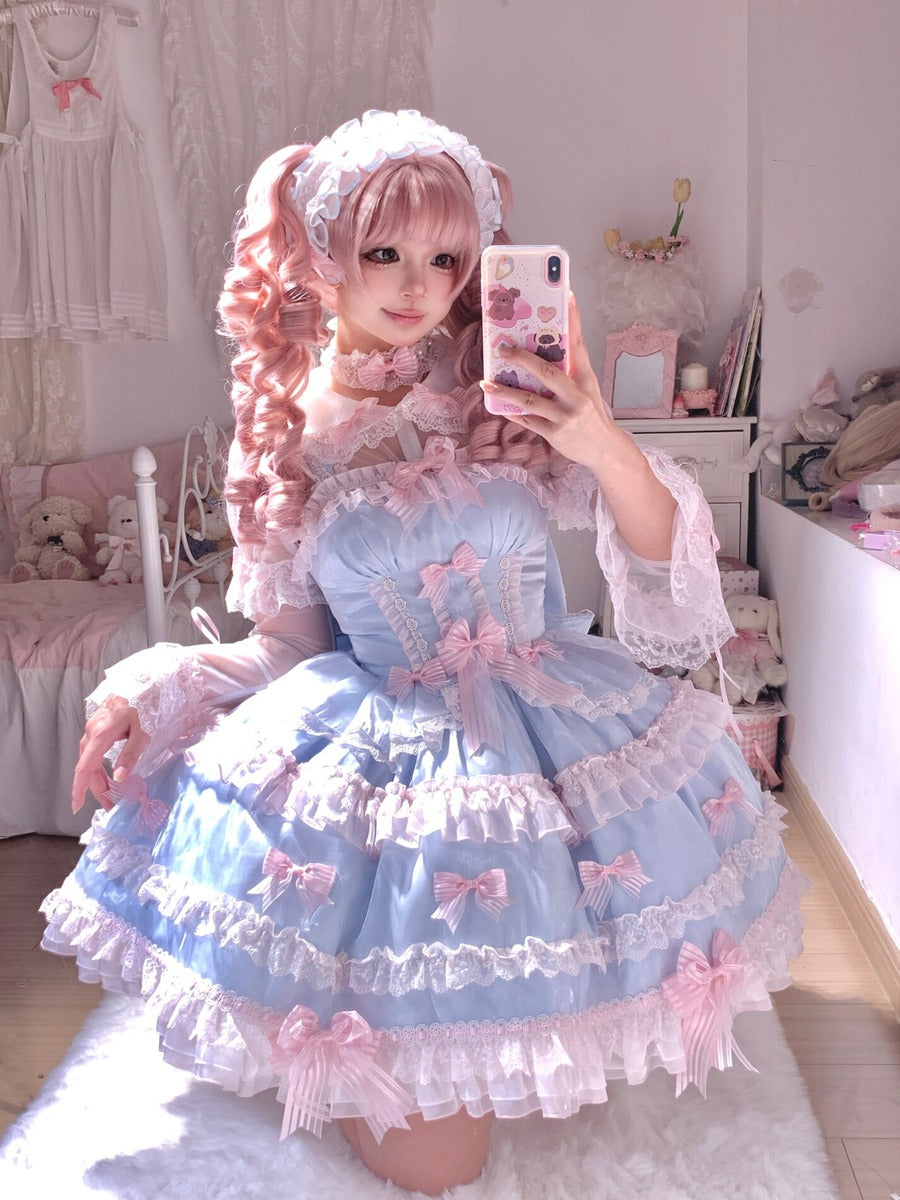 idol pink and blue tattoo print dress Lolicat Love Knot Yarn Pink Blue Green Purple Lolita Dress – Sugarplum Store