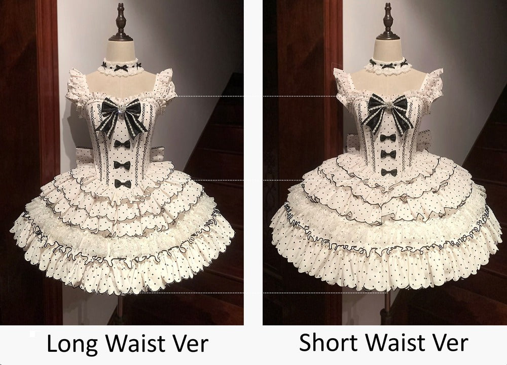 Two views of a white dress with black details on a mannequin against a neutral background.