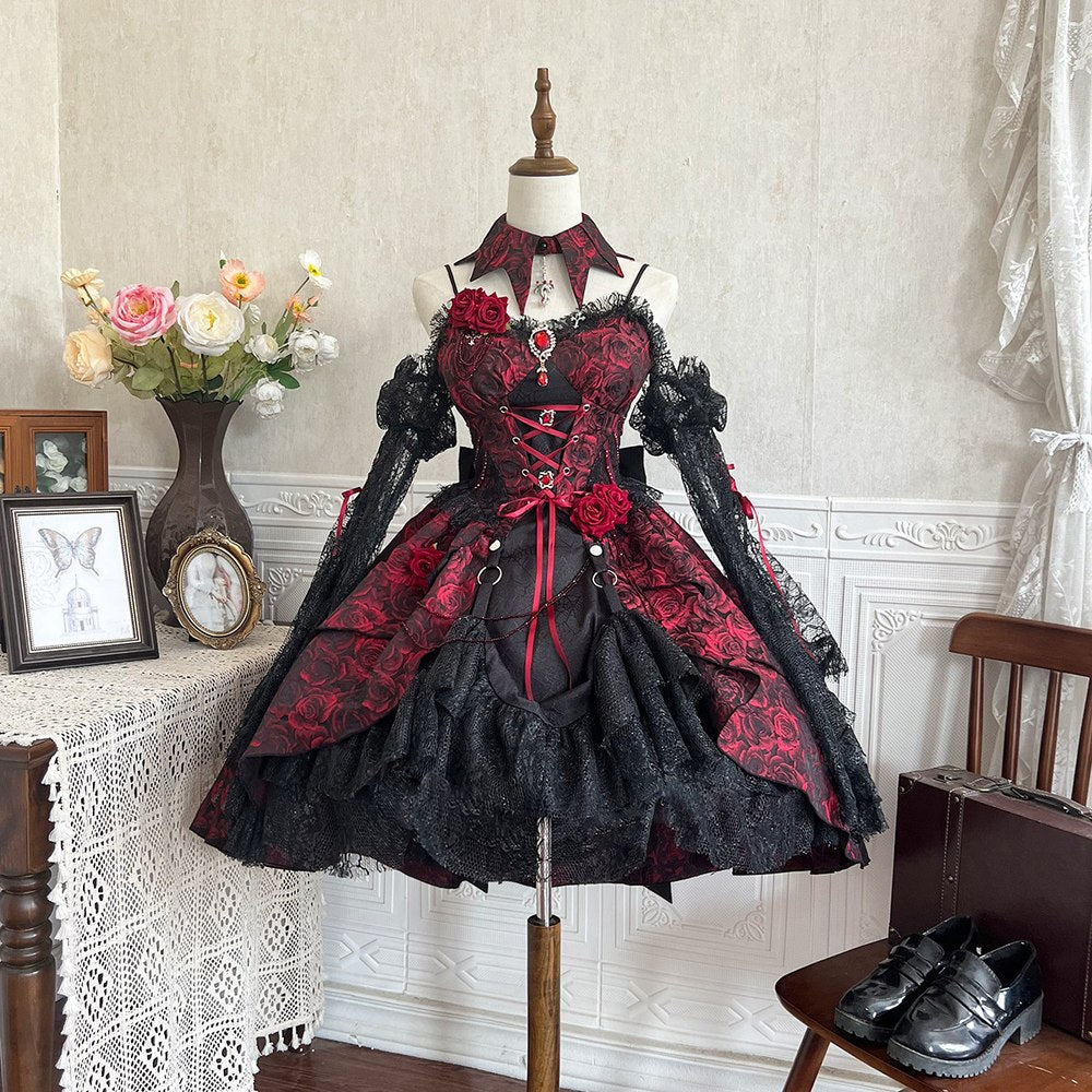 Lolita Red Rose Halloween Princess Black Lace Dress