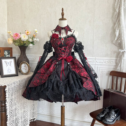 Lolita Red Rose Halloween Princess Black Lace Dress