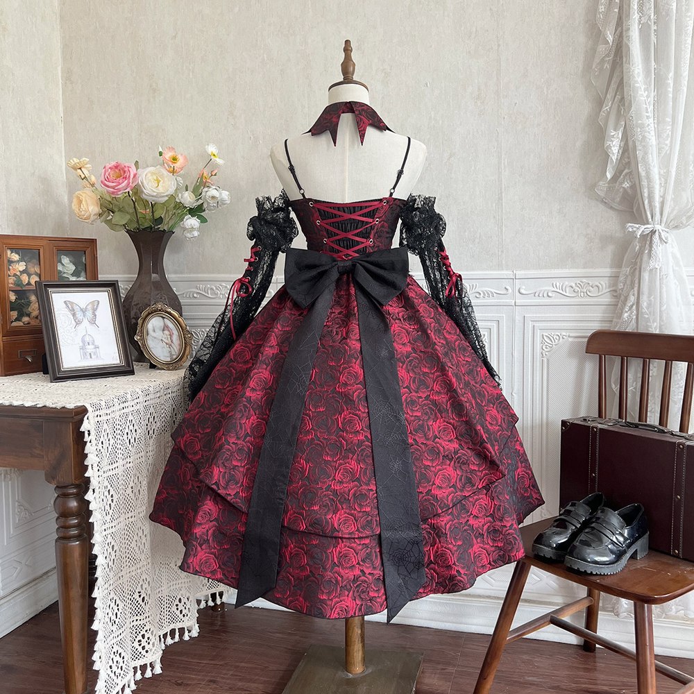 Lolita Red Rose Halloween Princess Black Lace Dress