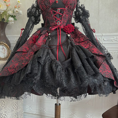 Lolita Red Rose Halloween Princess Black Lace Dress