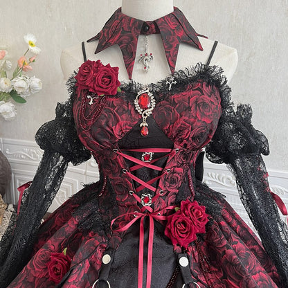 Lolita Red Rose Halloween Princess Black Lace Dress