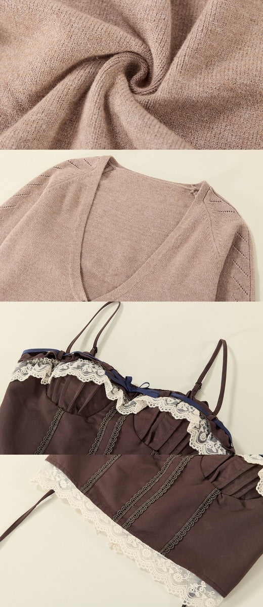 A three-panel product collage showing a knit fabric in a dusty mauve-pink color, a close-up of a V-neck knit top in the same color, and a dark brown ruffled camisole with lace trim and thin straps.