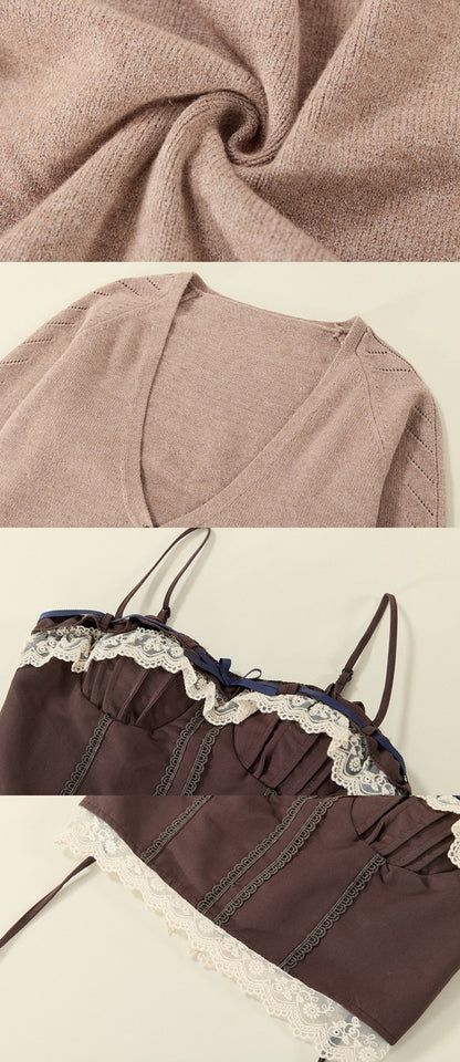 A three-panel product collage showing a knit fabric in a dusty mauve-pink color, a close-up of a V-neck knit top in the same color, and a dark brown ruffled camisole with lace trim and thin straps.