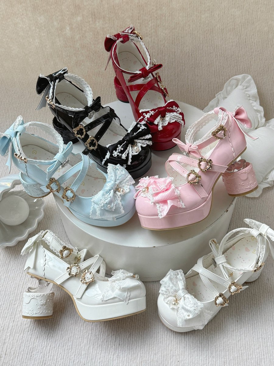 Collection of decorative shoes in various colors on a white surface.