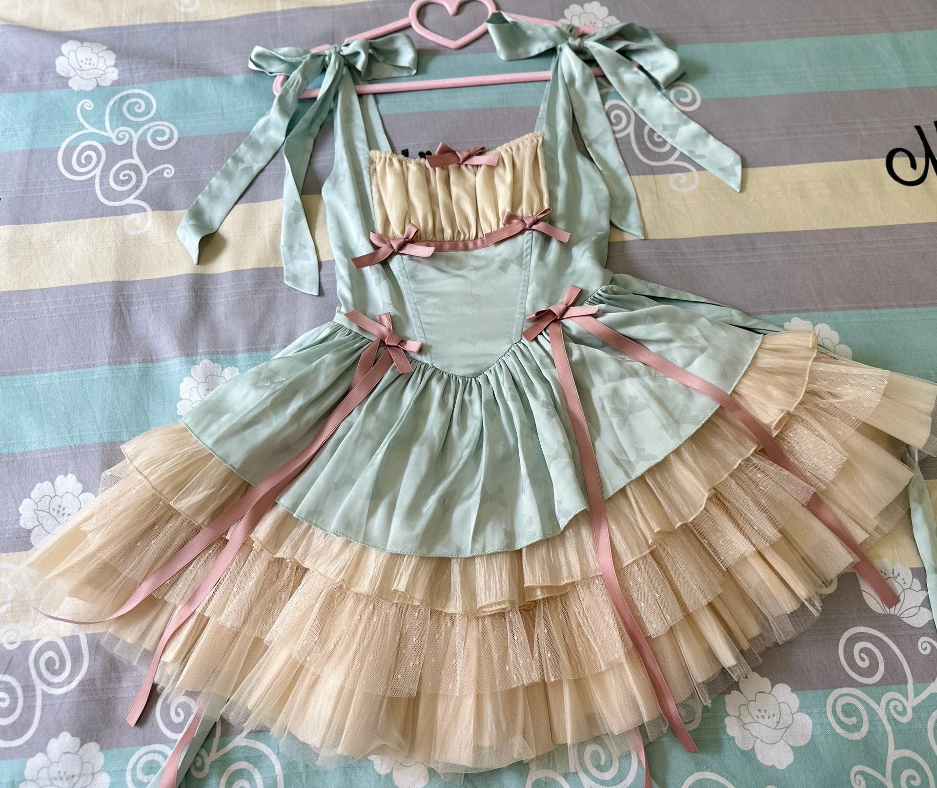 Lilith Eye Lolita Cream Green Ruffle Princess Strap Dress Strap Dress / S