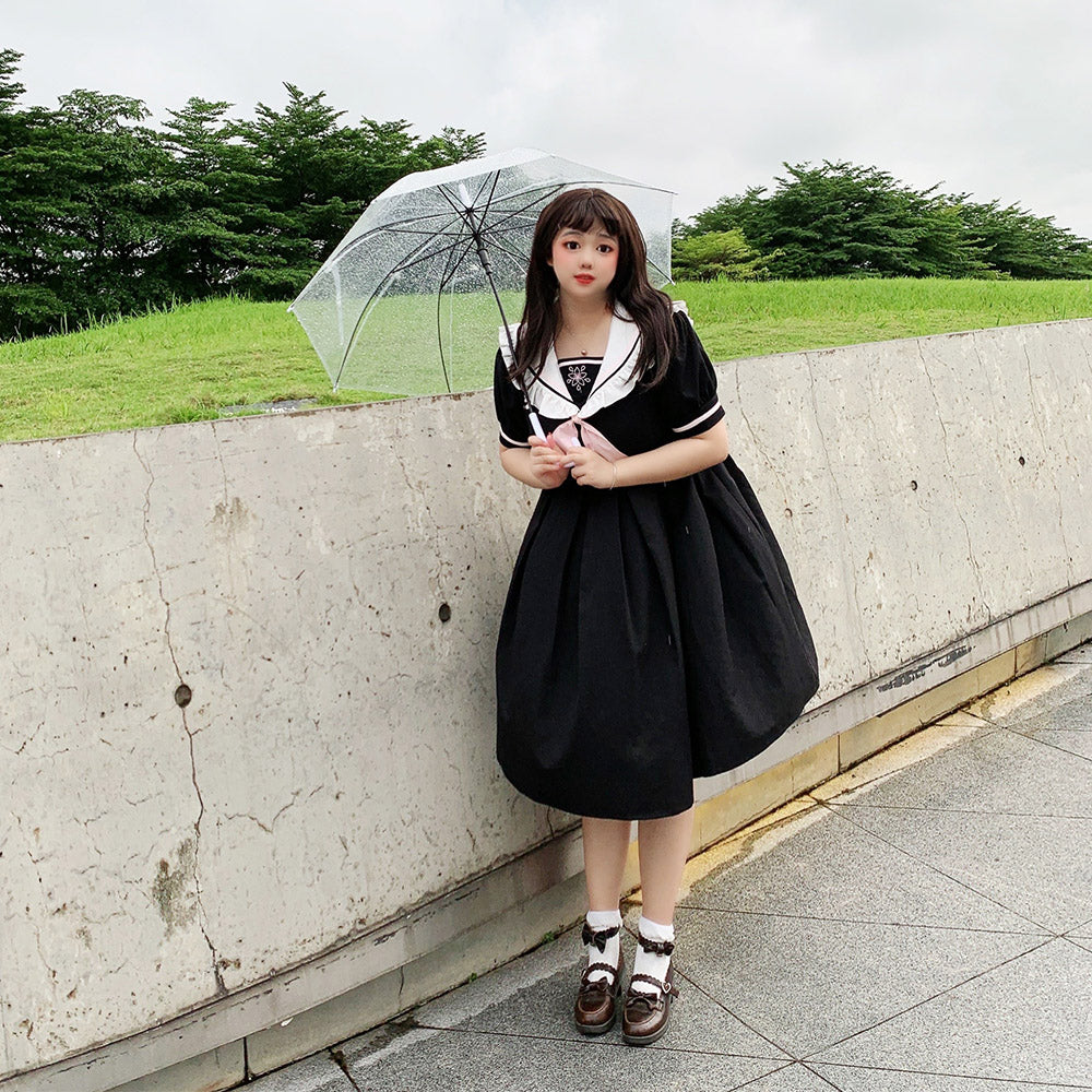 Plus Size Sailor Collar Sakura Bow Black Summer Dress Sugarplum Store Plus Size Sailor Collar Sakura Bow Black Summer Dress Sugarplum Store