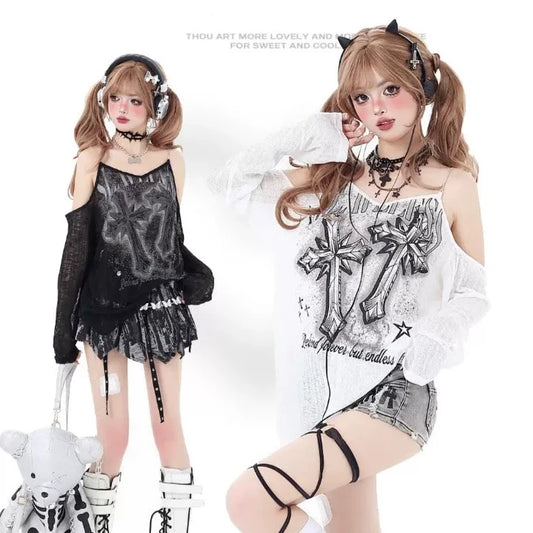 Crazy Girl Black & White Double Cross Hollow Lace Shirt - Sugarplum Store