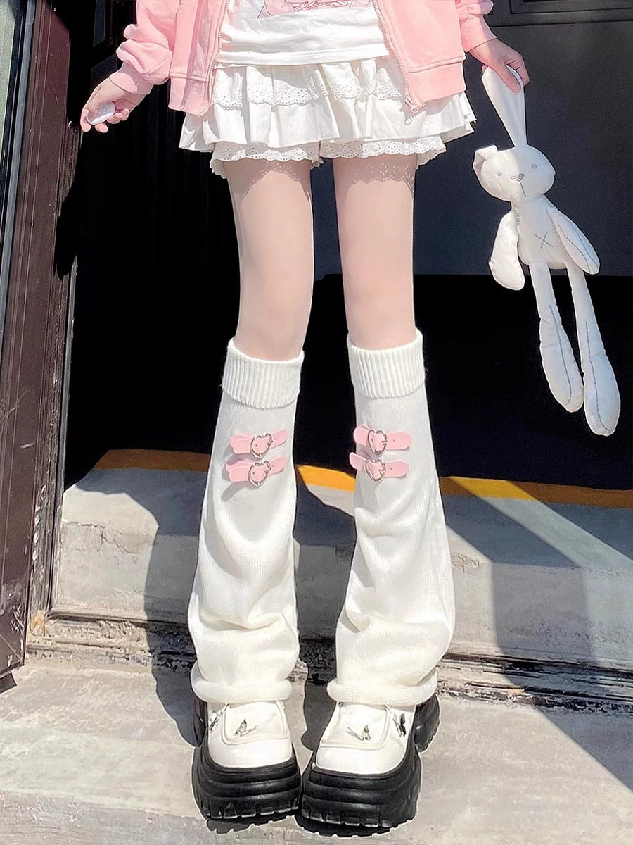 Heart Leather Buckle Knit Pink Black White Leg Warmers - Sugarplum Store