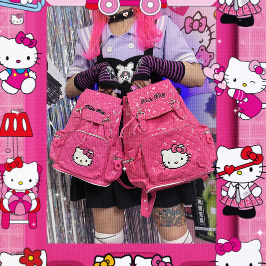Y2K Kitty PU Leather Hot Pink White Student Backpack Bag