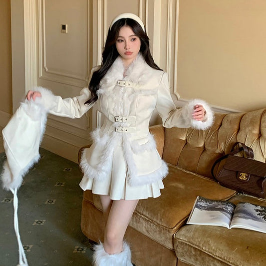 Monet Winter Elegant Chic Snow Love Letter White Fur Suede Jacket Pleated Skirt Two Piece Set - Sugarplum Store
