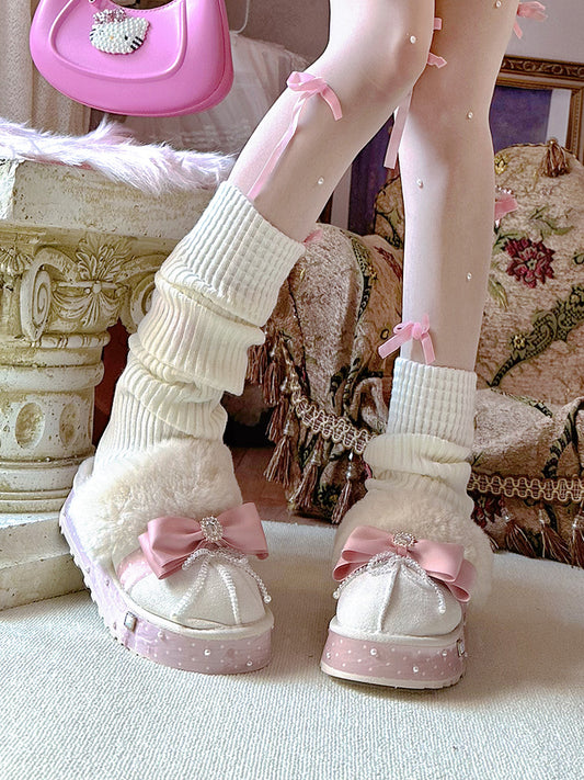 Pinky Coquette Luxury Pink Bow Velvet Snow Winter Plush Slippers Shoes - Sugarplum Store