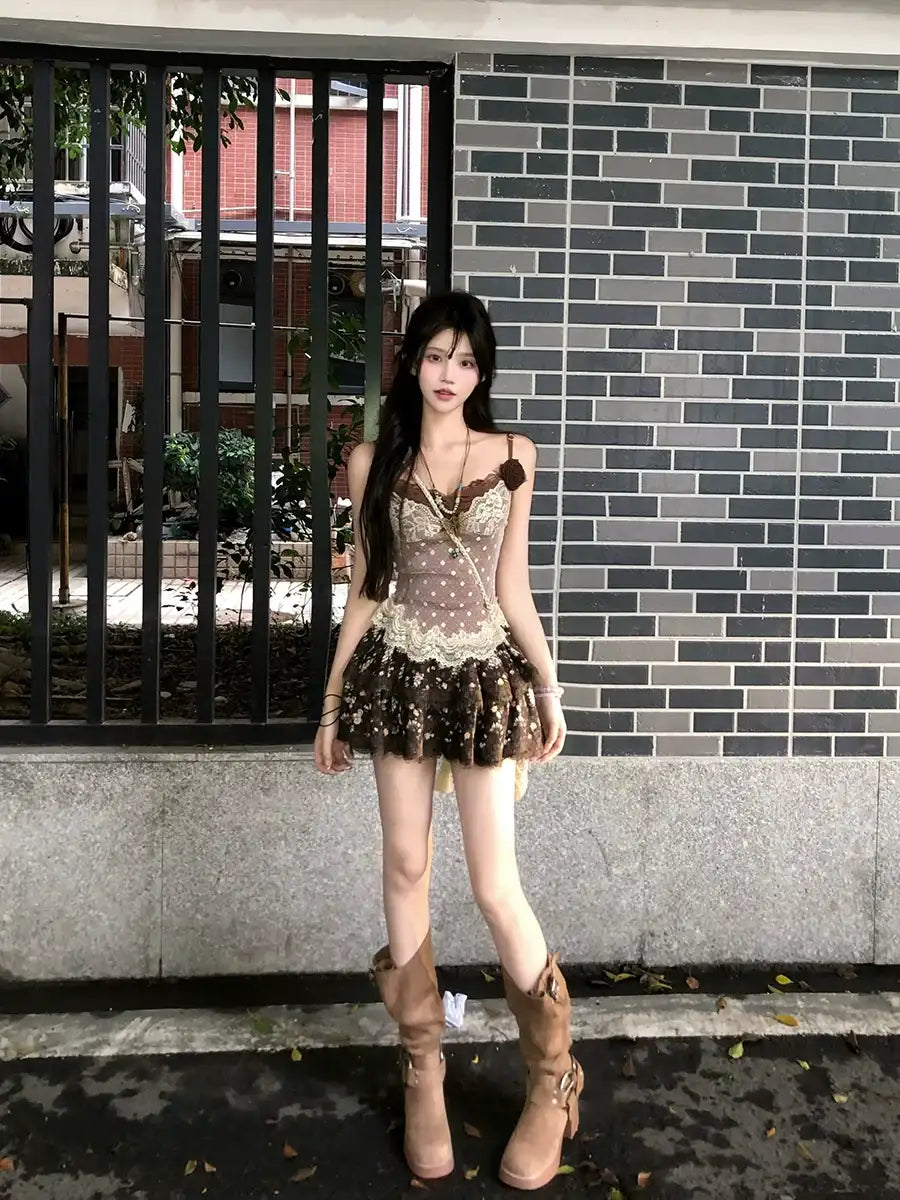 Creamy Cute Summer Gardenia Brown Cami Top & Skirt Two Piece Set