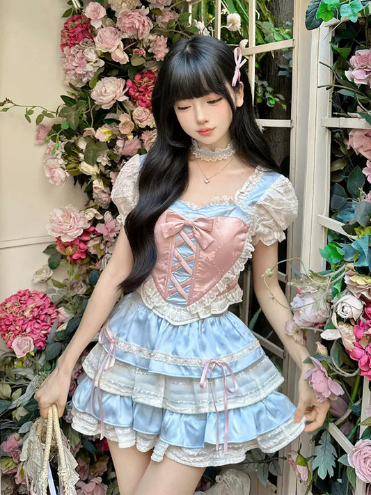 Ice Berry Pink Blue Top & Skirt Two Piece Set - Sugarplum Store