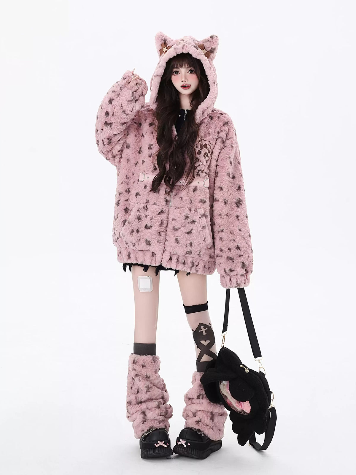 Crazy Girl Leopard Cream Cat Ears Jacket Hoodie Leg Warmers Set
