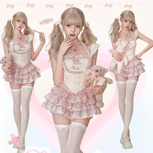 Serendipity Pink Puff Bear Camisole Top & Skirt Two Piece Set - Sugarplum Store