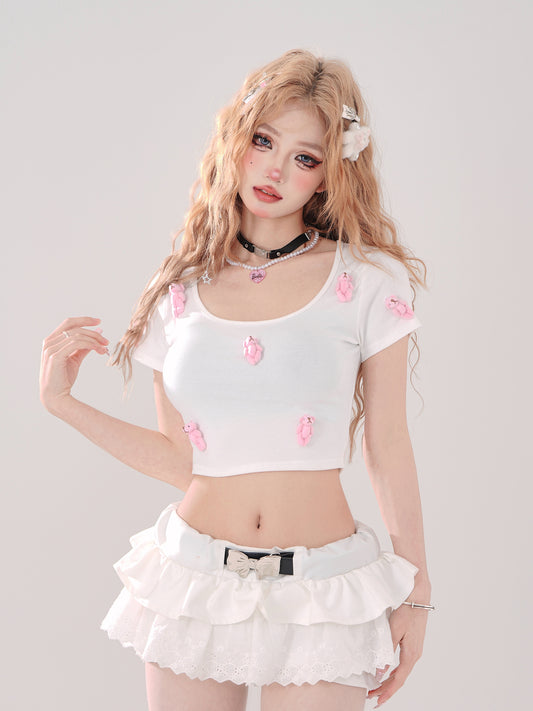 Young Eyes Y2K Summer Sexy Bear Pink Gray White Shirt Top
