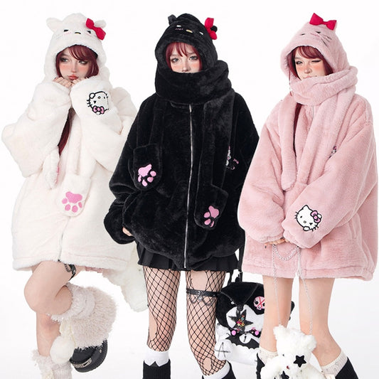 Young Eyes Kitty Cartoon Fall Winter Detachable Hat Plush Jacket - Sugarplum Store