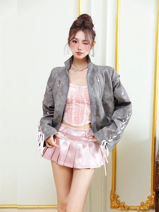 Monet Coquette Bow Gray Leather Jacket & Sexy Pink Strapless Bandeau Tube Top & Pleated Skirt Three Piece Set - Sugarplum Store