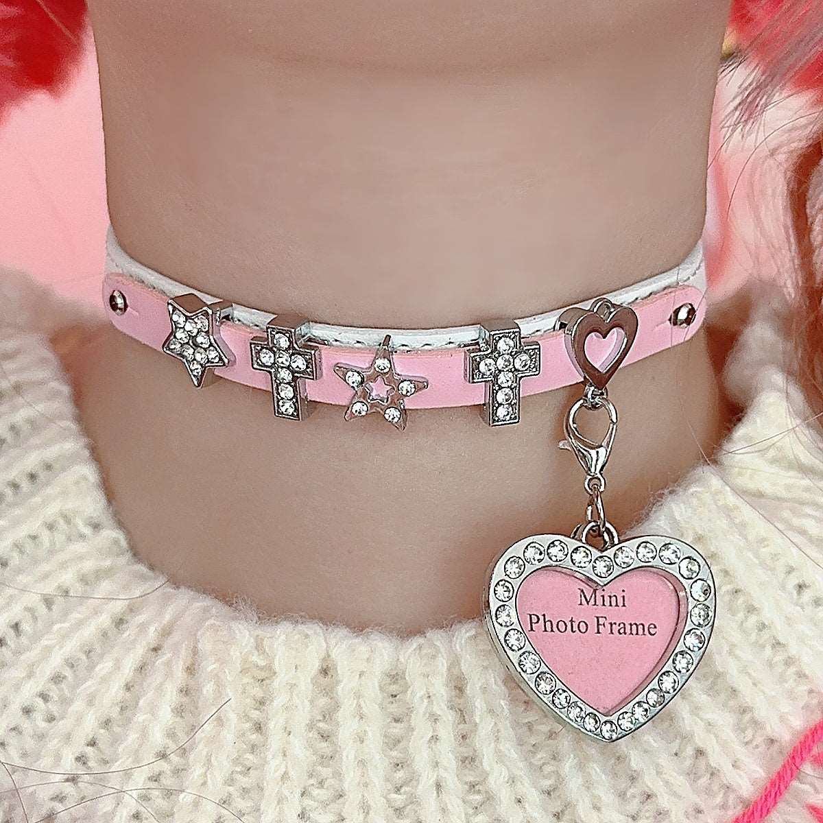 Cute Choker Necklaces Diamond Cross Pink White Star Heart Bone Y2K