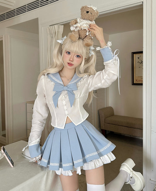 Serendipity Seifuku Sailor School Uniform Pastel Blue White Blouse Shirt & Skirt Two Piece Set