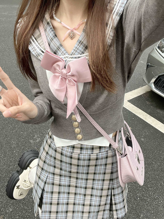 Academia Sailor Collar Uniform Gray Plaid Shirt Knit Cardigan Mini Skirt Three Piece Set
