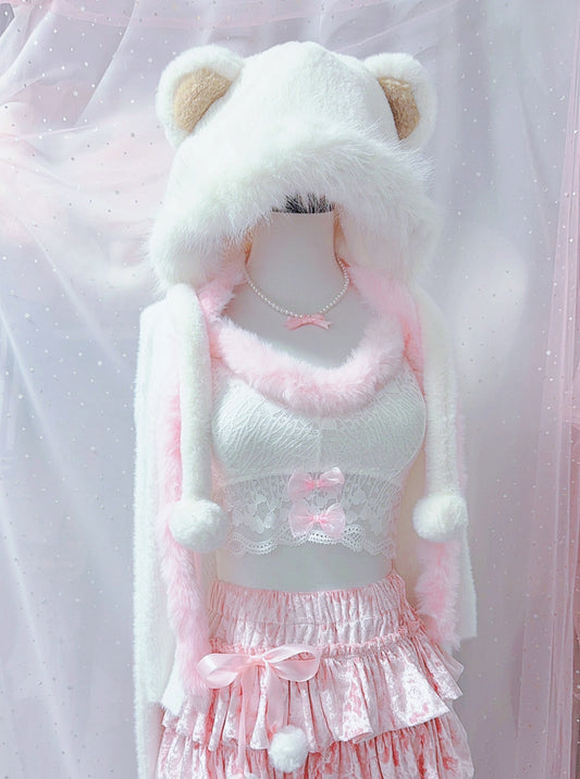 Candy Fairy Plush Fur Lace White Camisole & Jacket & Pink Ruffle Skirt Three Piece Set