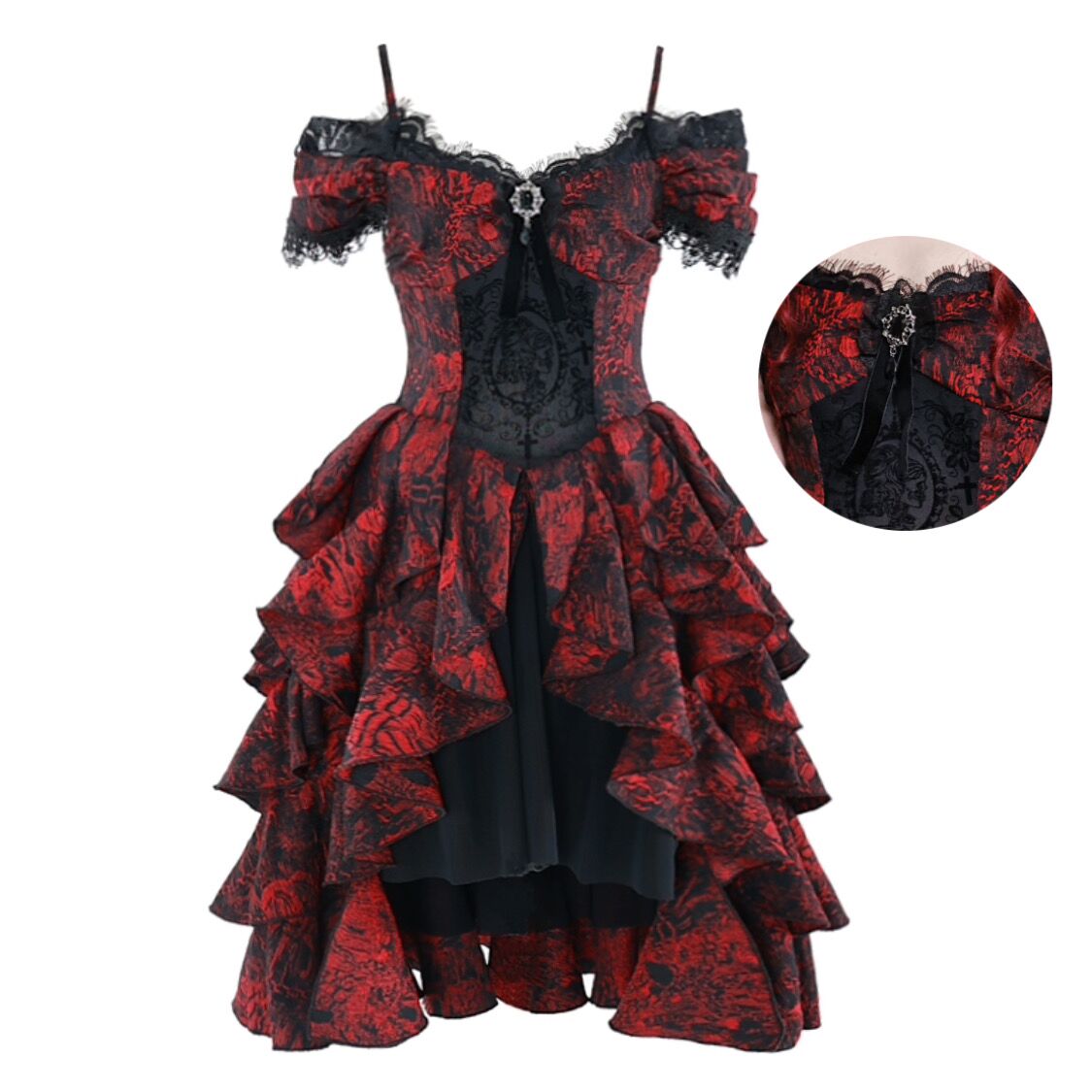 Blood Supply Dark Gothic Dream Red Princess Queen Lace Brooch Black Jacquard Off Shoulder Layered Dress - Sugarplum Store