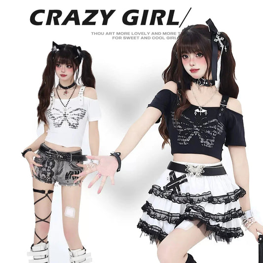Crazy Girl Butterfly Print Black & White Strap Top - Sugarplum Store