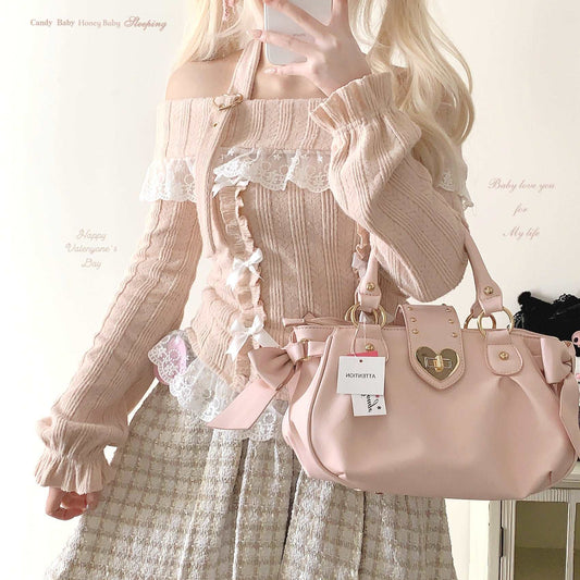 Dormir Doll Sweet Pink & White Off Shoulder Halter Neck Soft Lace Sweater