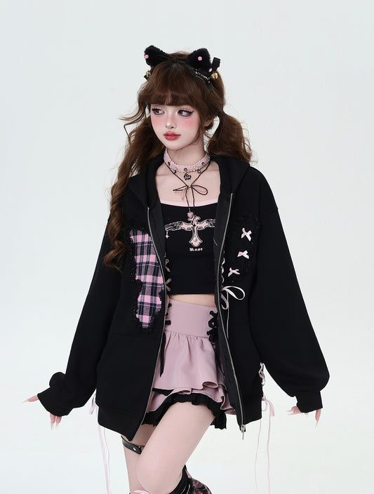 Crazy Girl Plaid Lace Pink Black Jacket Hoodie - Sugarplum Store