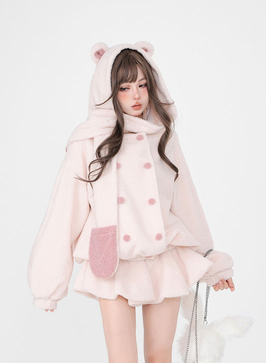 Young Eyes Winter White Soft Pink Plush Fleece Bear Hooded Scarf Jacket & Skirt Two Piece Set - Sugarplum Store