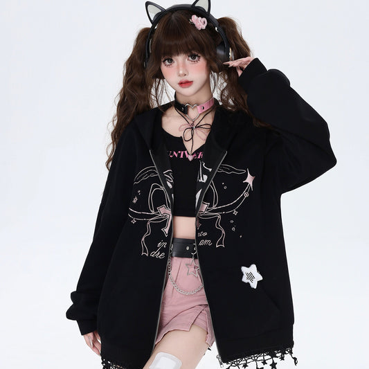 Crazy Girl Dream Lover Cross Pink Black Cream Jacket Hoodie - Sugarplum Store