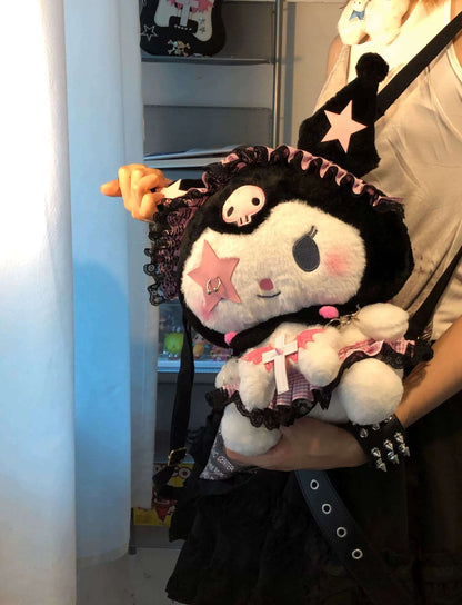 goth hello kitty plush backpack Black Purple Devil Y2K Lace School Backpack Doll Bag – Sugarplum Store