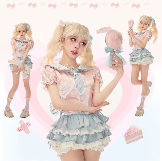 Serendipity Heartbeat Gummy Pink Blue Seifuku Sailor Collar Shirt Top & Skirt Two Piece Set - Sugarplum Store