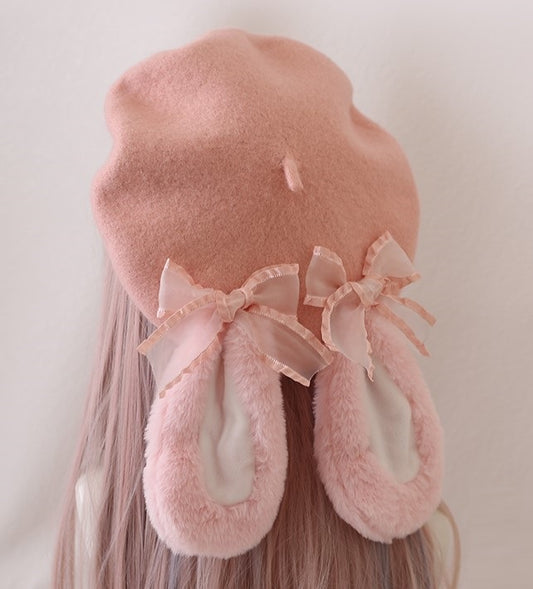 Winter Lolita Pink & Brown Lop Rabbit Ears Cute Handmade Beret Hats - Sugarplum Store