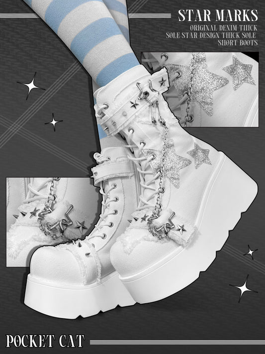 Pocket Cat Y2K Star Mark Chain EGL Canvas Strap Platform Shoes Boots